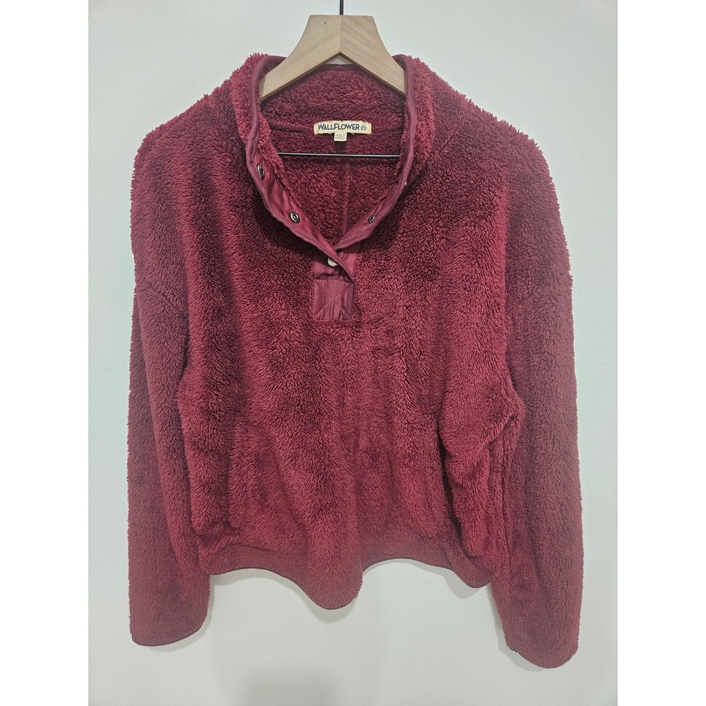 Wallflower Womens Burgundy Faux Fur Sherpa Fleece Snap Mock Neck Pullover XL